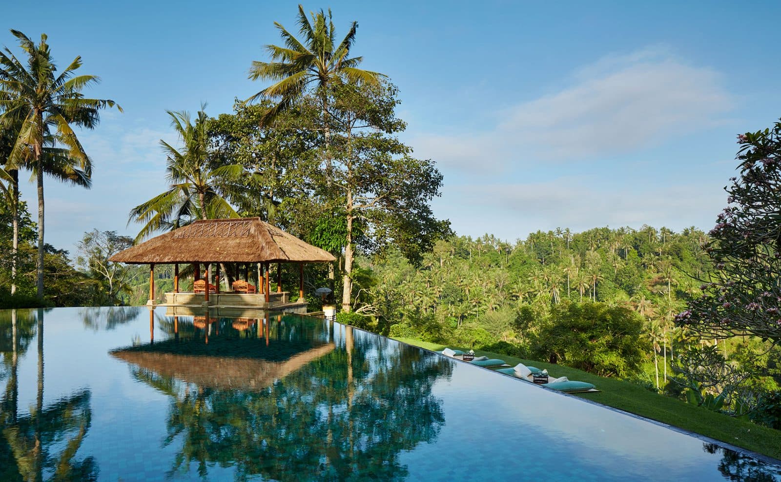 Amandari's infinity pool above the Ayung valley: a thatched pavilion reflected in the water, surrounded by coconut palms and forest