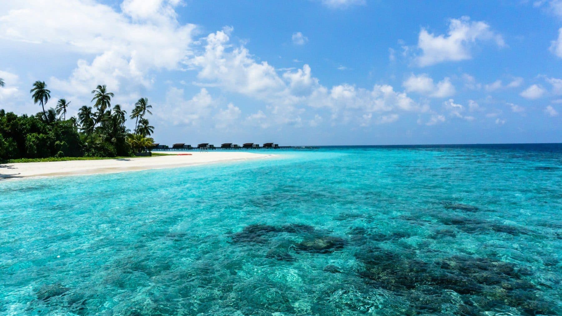 A white palm-lined beach and clear turquoise water above coral, with a row of overwater villas in the distance
