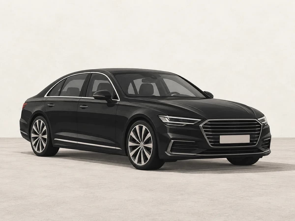 A black business-class sedan against a pale background