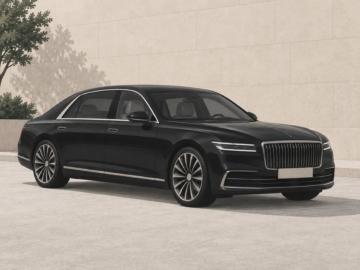 A black top-class sedan against a pale background